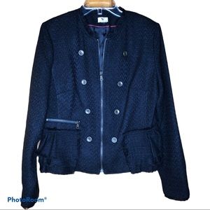 tweed ruffled collarless jacket black size LARGE full zip front